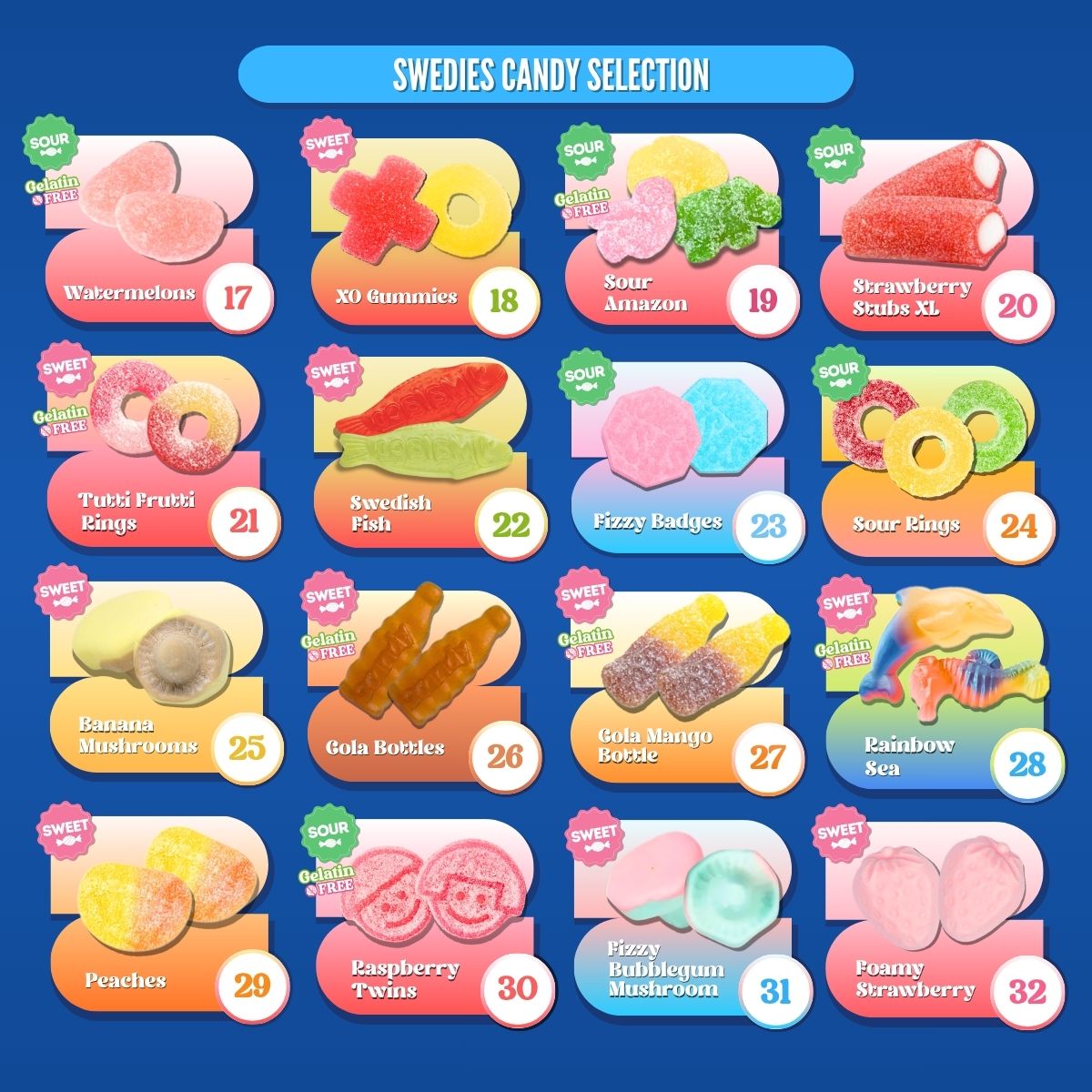 Swedies Swedish candy single flavor pack with colorful candies in a clear plastic bag, showcasing vibrant sweet treats.
