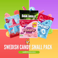Swedies Swedish Gummies small pack featuring colorful, assorted Swedish candies in a clear plastic bag.
