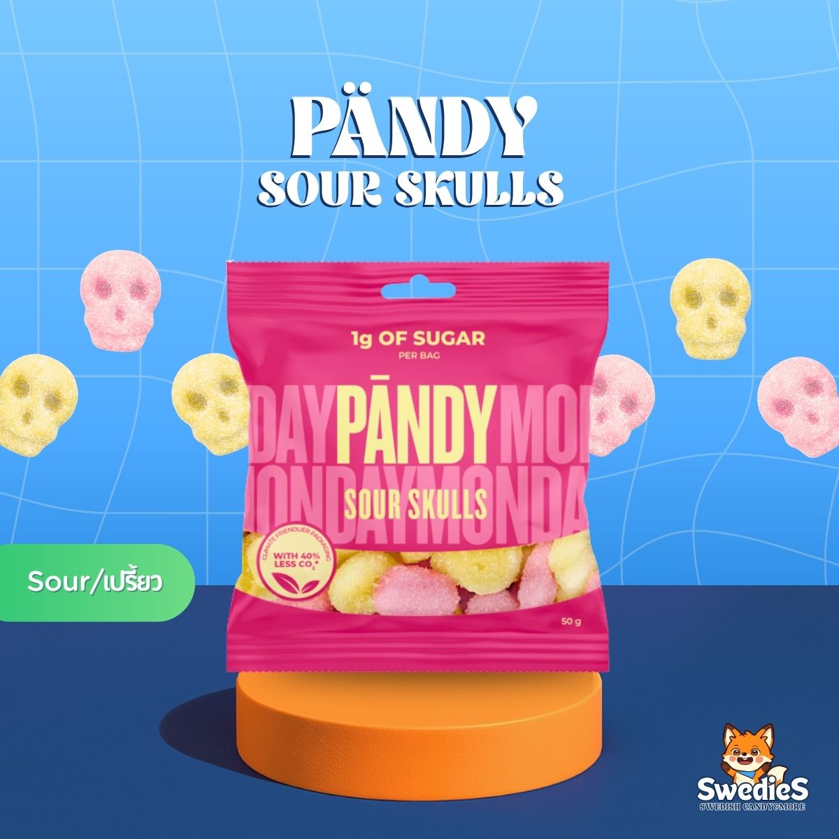 Swedies Swedish Gummies low sugar pack featuring colorful, fruit-flavored Swedish candies in bright packaging.