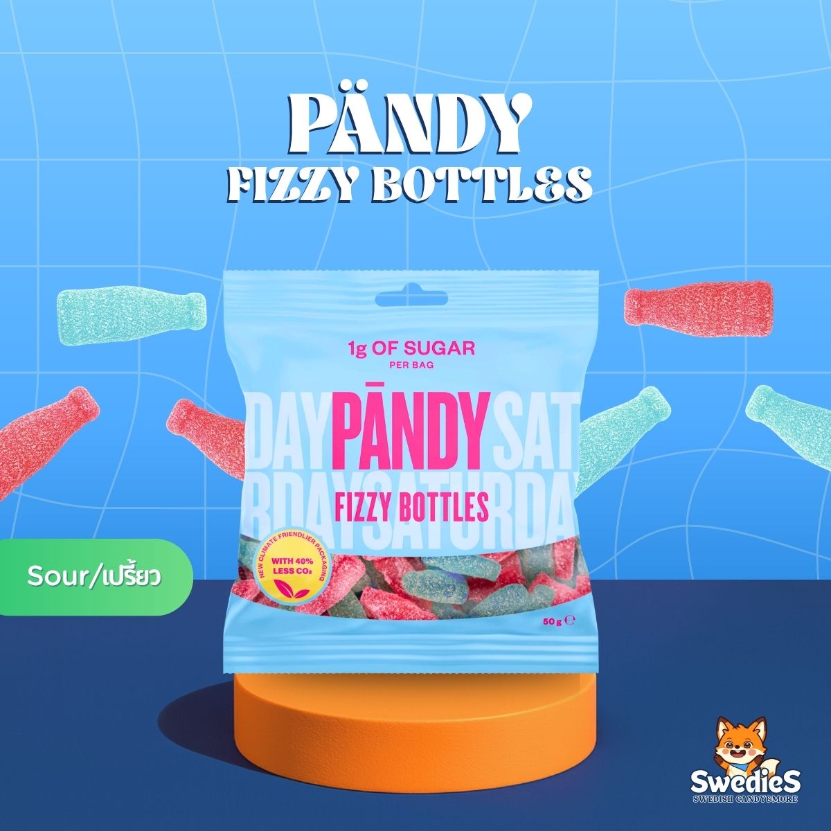 Swedies Swedish Gummies Low Sugar Pack featuring colorful, chewy Swedish candy gummies in a clear plastic bag.