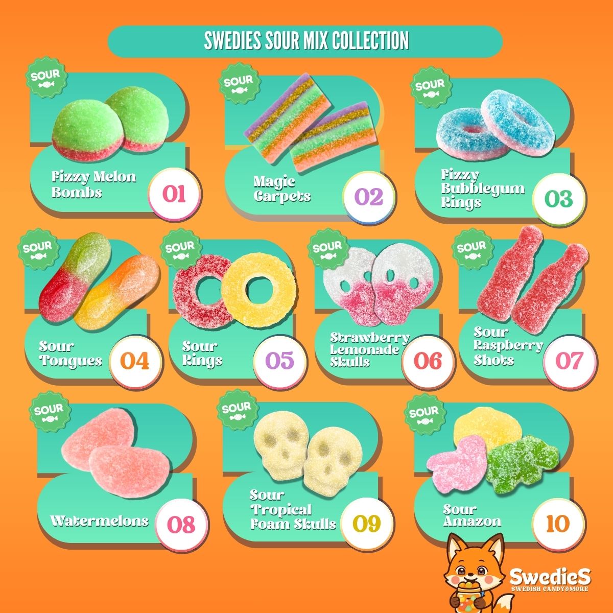 Swedish Sour Mix candy by Swedies featuring colorful, tangy sour candies in various shapes and bright packaging.