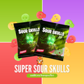 Bright yellow Super Sour Skulls Swedish candy by Swedies, featuring skull-shaped sour gummies with a vibrant, textured surface.